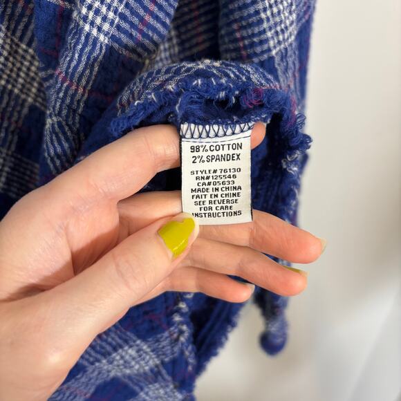 Lagenlook Blue Plaid Frayed Edge Button Top L Habitat Cotton Shirt | Soft Summer - Picture 7 of 13
